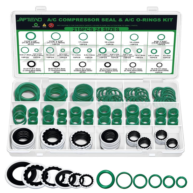 Japtend 40pcs A/C Compressor Seal Washers and 175pcs A/C O Rings Assortment Kit, 24 Sizes Air Conditioning Compressor Port Gasket for Automotive Replacement. - Image 1